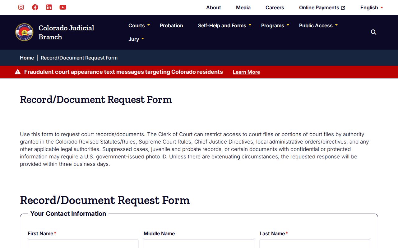 Colorado court record request form for Mineral County cases